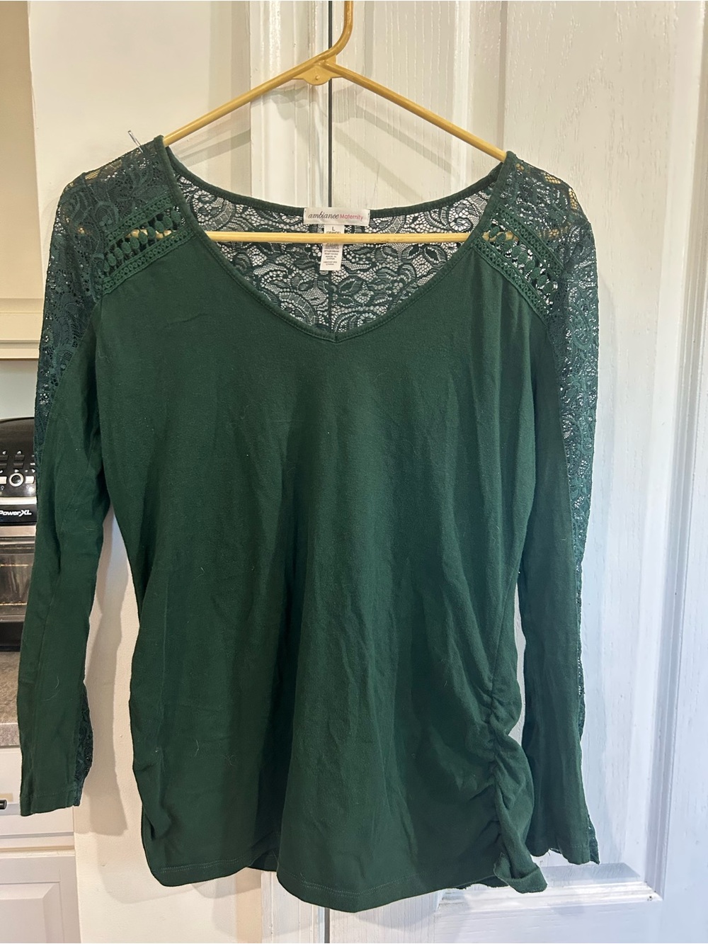 Maternity Lace-Shoulder V-Neck Top in Dark Green